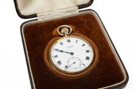 9CT GOLD BENSON OPEN FACED POCKET WATCH, signed white enamel dial with Roman numerals and subsidiary