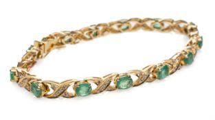 YELLOW METAL EMERALD & DIAMOND CHIP BRACELET, criss cross design, unmarked, 18cms long, 12.9gms