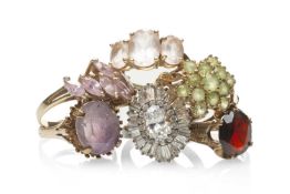 FIVE 9CT GOLD SEMI-PRECIOUS GEM SET RINGS, 16.2gms gross, and a silver dress ring (6) Provenance: