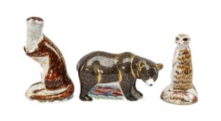 ROYAL CROWN DERBY PAPERWEIGHT FIGURES, comprising Grizzly Bear MMIX, Playful Otter MMIX, Meerkat