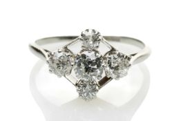 18CT WHITE GOLD & PLATINUM FIVE-STONE DIAMOND RING, old cut graduated stones, 0.7cts overall