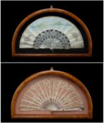 TWO 19TH C. MOTHER-OF-PEARL FANS, probably French, one with vellum leaf painted with a landcape, the