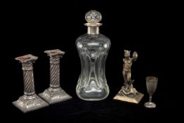 GROUP SILVER WARE & SCULPTURE, including pair Edwardian Corinthian column loaded candlesticks with