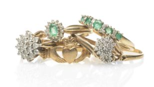 FIVE GOLD RINGS comprising 3 x 9ct gold dimaond chip rings, 2 x 9ct gold emerald rings, 9ct gold