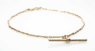 9CT YELLOW GOLD FANCY LINK ALBERT, with associated running rose gold T-bar and ring clasps, 34cms,