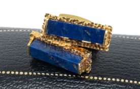 PAIR 18CT GOLD & LAPIS LAZULI CUFFLINKS, maker G&RH, London 1970, the hardstones set in bark