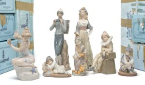 SEVEN LLADRO FIGURINES including, Miss Valencia, no.1422, Startled Summer, no.5614, Little Jester,