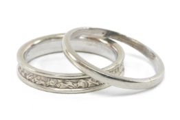 TWO 18CT WHITE GOLD WEDDING BANDS, one plain, stamped '18' and hallmarked for London 1930, ring size