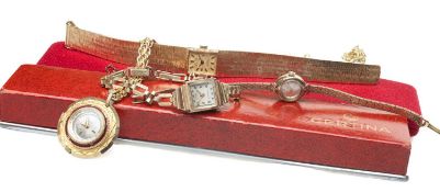 THREE VINTAGE LADIES' WRISTWATCHES, comprising boxed 9ct gold Certina bracelet watch 13.5g, boxed