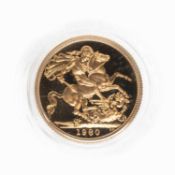 BOXED ELIZABETH II GOLD PROOF SOVEREIGN, 1980, with specification certificate, 7.9gms Provenance: