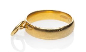 22CT GOLD WEDDING BAND, ring size J, with pendant loop attachment, 4.3gms Provenance: deceased