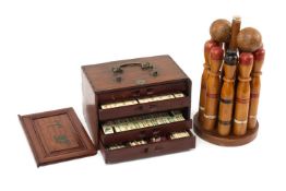 VINTAGE MAH JONG SET & SKITTLES, the mah jong tiles with bamboo backs in Chinese stained hardwood