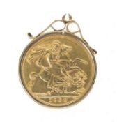 ELIZABETH II GOLD SOVEREIGN, 1962, in 9ct gold pendant mount, 8.8gms Provenance: private