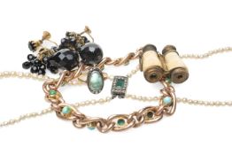 9CT GOLD TURQUOISE CURB LINK BRACELET, 14.5gms, together with pearl necklace, faceted jet type