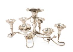EDWARDIAN ELECTROPLATED EPERGNE, tapering trumpets on intertwined foliate base, 48cms (w)