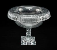 REGENCY CUT GLASS FRUIT BOWL, overturned rim with foliate cut band, bobbin stem on lemon squeezer