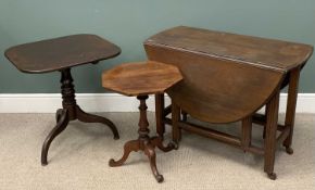 THREE ANTIQUE TABLES comprising mahogany drop-leaf table on casters, 76 (h) x 50 (w) x 105cms (d), a