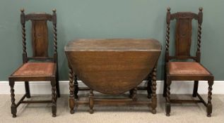 BARLEY TWIST TABLE & PAIR OF CHAIRS the gateleg table, 73 (h) x 48/139 (w) x 104cms (d)