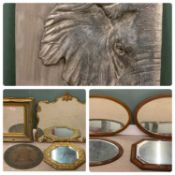 VARIOUS MIRRORS including three gilt frames, four wooden frames and an elephant composite black,