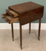 VICTORIAN MAHOGANY TWO DRAWER PEMBROKE TABLE on turned supports, 74 (h) x 36 (w) x 50cms (d)