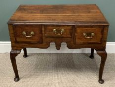 ANTIQUE OAK LOW BOY with three drawers, shaped apron and cabriole supports, 69 (h) x 94 (w) x