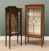 TWO EDWARDIAN DISPLAY CABINETS inlaid, 145 (h) x 56 (w) x 31cms (d) and oak, 154 (h) x 67 (w) x