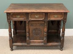 ANTIQUE CARVED OAK DRESSER BASE of narrow proportions and with centre cupboard below three