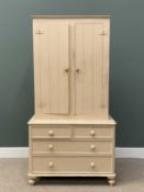 PAINTED ANTIQUE PINE HOUSEKEEPER'S CUPBOARD having a two door shelved interior over non-original