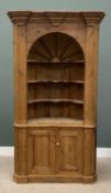 VINTAGE PINE CORNER CUPBOARD with dental type cornice and dome top interior with shaped shelves over