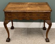 GOOD REPRODUCTION WALNUT LOW BOY having two drawers on ball and claw feet, 74.5 (h) x 92 (w) x 52cms