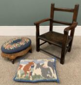 THREE FURNISHING ITEMS comprising child's oak elbow chair and a walnut tapestry topped footstool etc