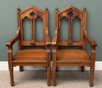 PAIR OF PITCH PINE ECCLESIASTICAL CEREMONIAL CHAIRS with plaques 
