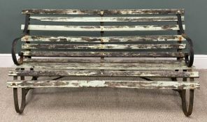 WEATHERED TRADITIONAL GARDEN BENCH slatted with scroll metal ends, 76 (h) x 153 (w) x 66cms (d)