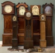 GROUP OF SEVEN LONGCASE CLOCKS most with movements, some rolling moon and a quantity of weights,
