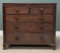 VICTORIAN OAK CHEST having three graduated long drawers and two short, walnut and string inlay and