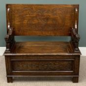 CARVED OAK MONK'S BENCH with carved lion arms, 71/101 (h) x 101 (w) x 33cms (d) Provenance: