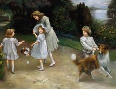 ‡ AFTER ARTHUR JOHN EISLEY (1860-1952) oil on canvas - children picking flowers with dog, 109 x