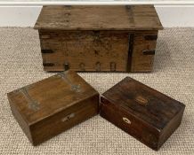 THREE VINTAGE WORK BOXES, one with iron banding and handles, 25 (h) x 54 (w) x 27cms (d) Provenance: