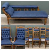 NINE PIECE EDWARDIAN ART NOUVEAU OAK PARLOUR SUITE comprising chaise, 73 (h) x 175 (w) x 65cms (d)