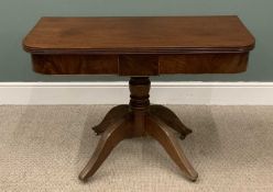 VICTORIAN MAHOGANY FOLD OVER TEA TABLE on a quatrefoil base, 74 (h) x 107 (w) x 52cms (d)