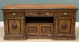 FINE VICTORIAN BURR WALNUT SIDEBOARD with ebonised detail, having three drawers over four cupboards,