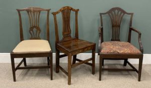 THREE LYRE BACK DINING CHAIRS, one farmhouse with inlay and poker work detail Provenance: private