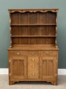 MODERN GOLDEN OAK DRESSER with two shelf rack, the base with multiple drawers and cupboard doors,