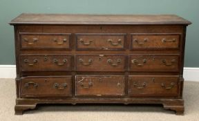 19TH CENTURY OAK LANCASHIRE CHEST with multi-drawer front, on bracket feet, 86 (h) x 159 (w) x 55cms