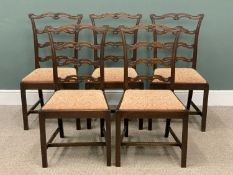 SET OF FIVE ANTIQUE DINING CHAIRS with scrolled and carved ladder backs Provenance: deceased