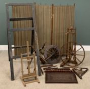 GROUP OF WOODEN FURNISHINGS to include early spinning wheels, two easels and a dress screen