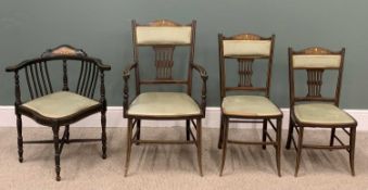 FOUR SALON CHAIRS with matching bone and other inlay, to include a carver and corner chair