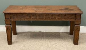 ECCLESIASTICAL STYLE SIDE TABLE with geometric carving, 73.5 (h) x 158.5 (w) x 58cms (d) Provenance: