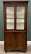 ANTIQUE OAK FLOOR STANDING CORNER CUPBOARD, the top with twin glazed doors and painted shelved