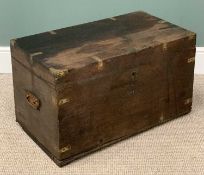 LATE 19TH CENTURY OAK TRUNK with brass banding and iron handles, 44 (h) x 74 (w) x 51cms (d)